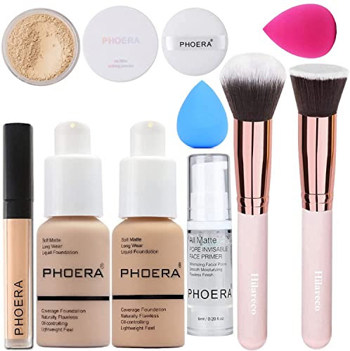 PHOERA Foundation,PHOERA Primer, PHOERA Puder,PHOERA Abdeckstift Concealer Cover Flüssigmatt Full Coverage, Make Up Foundation Pinsel and Puder Pinsel, Make up Schwamm (2 PCS 104# Buff Beige)