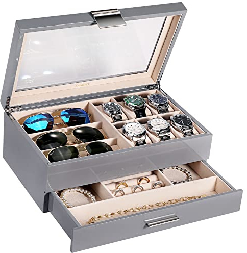 LANDICI Wooden Watch Box Organiser Jewellery box for Men Women, Luxury Piano Paint Large Watch Display Case with 6 Slot Watch Holder, 3 Slot Sunglasses Case, Jewelry Storage Box Drawer, (Grey)