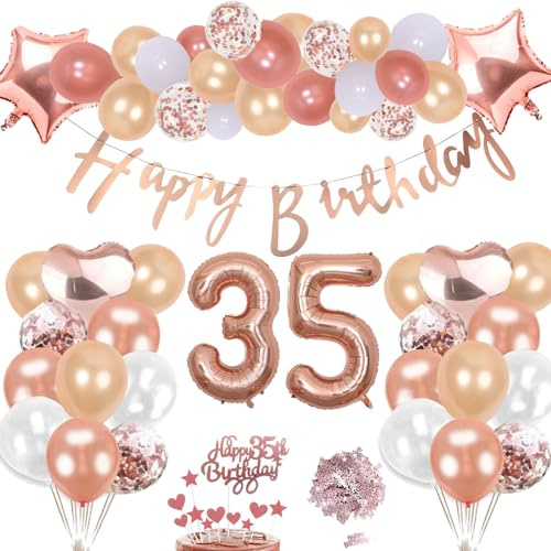 35 Cumpleaños Decoración Oro Rosa Kit Para Niña, Inflables Estrellas Corazón Numeros Gigantes Helio Globos Feliz Cumpleaños Decoración de la Torta Confeti Mesa Regalo Para 35 Años Mujer Hombre Fiesta