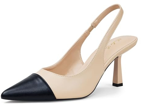 Zhabtuc Zapatos de tacón alto para mujer, modernos tacones con correa en el tobillo, zapatos de tacón alto para fiestas, bodas, graduaciones, zapatos altos con tacón de aguja, Negro Y Beige B 8 Cm