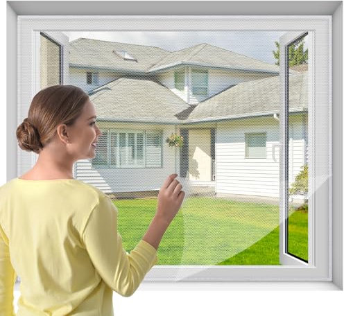 Fly Screen for Windows, Mosquito Net Window Insect Screen Mesh, 110cm x 130cm Durable ‎Polyester Window Screen Mesh, Without Drilling or Screwing with Self Adhesive Tape, White