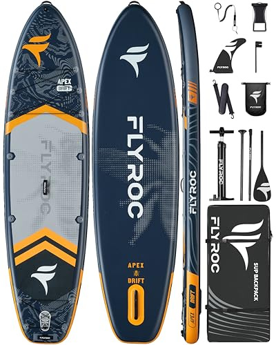 FLYROC Aufblasbares Paddelbrett, extra breit, 300 kg Kapazität, Stand-Up-Paddle-Board für Erwachsene (3 Stück), stabiles aufblasbares SUP, alle Fähigkeitsstufen, 3 Griffe, 100 l Rucksack, 3 Paddel, 5