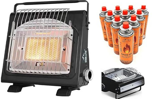 SMH LINE® Calefactor de gas portátil 2 en 1, para camping + 4cartuchos de gas butano, caravana, quemador de 1,7 kW, quemador, calentador de cerámica