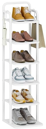 Hzuaneri Vertical Shoe Rack for Small Spaces, White | 6-Tier, 26.5 cm Wide, Wood Shoes Organizer with 2 Hooks for Closet, Entryway, Freestanding, SR04213W