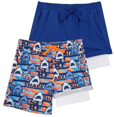 LACOFIA 2 stycken badshorts för pojkar 2-i-1 barnbadbyxor med kompressionsliner, simbyxor med elastisk midja, barn, sommar, strandshorts, snabbtorkande i 4–14 år, Blå + orange, 104