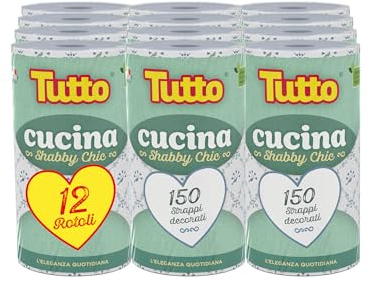 Tutto Shabby Chic, 150 Strappi 2 Veli per Rotolo, 12 Rotoli di Carta Multiuso Elegante e Resistente, Ideale per la Pulizia della Cucina e per Ogni Superficie, 100% Made in Italy
