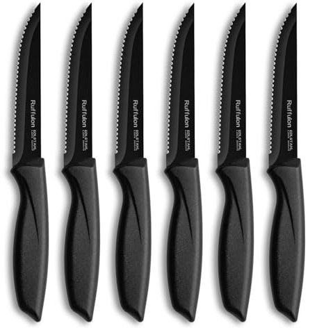 Ruffulon Couteaux à steak,Set de 6 couteaux à steak,couteaux de table noirs,couteau de cuisine dentelé en acier inoxydable avec manche ergonomique,couteau à viande,lavable au lave-vaisselle