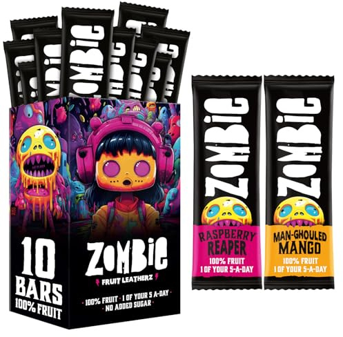 Zombie Fruit Bars, Raspberry & Mango (10 Bars, 2 Flavours), 100% Dried Fruit, Healthy Snacks, Adults, Kids, Office, Low Calorie, Gluten Free, Vegan, Halal, Bulk, Real Fruit, No Added Sugar, Natural