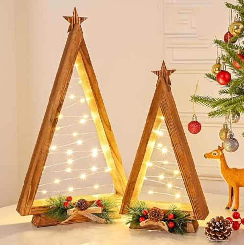 Árboles de Navidad de Madera con Luces,Árbol de Navidad Luminoso LED,Iluminación Navideña,Luces para árboles,Decoraciones Navideñas para Sala de Estar, Comedor, Funciona con Pilas