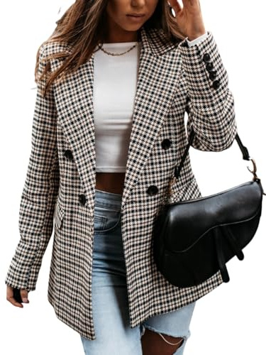 Blazer Mujer Chaqueta Blazer De Mujer con Estampado Pata De Gallo A Cuadros Solapas De Muesca Doble Botonadura Estilo Boyfriend Corte Ajustado Ideal para La Oficina O para Un Look Casual De Negocios