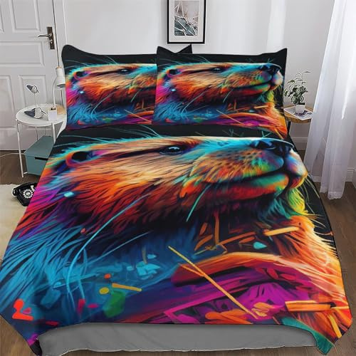 AASWDDS Beaver Duvet Cover Set with Pillowcase Soft Microfiber Bedding Set Comforter Cover for Adults Kids 3Pcs Quilt Covers Double (200x200cm)