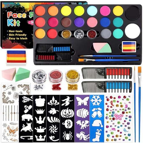 Truccabimbi Kit Professionale - 20 Colori Anallergici e Atossici con Spugnette e Stencil per Face Painting, Ideale per Bambini a Carnevale, Halloween, Feste e Compleanni