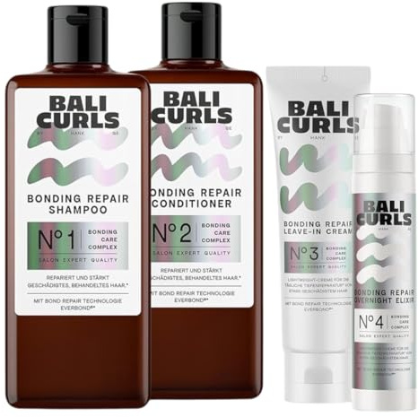 Bali Curls - Kit de reparación de unión de 4 pasos para el cuidado y reparación de rizos dañados, champú, acondicionador, elixir de secado y overnight