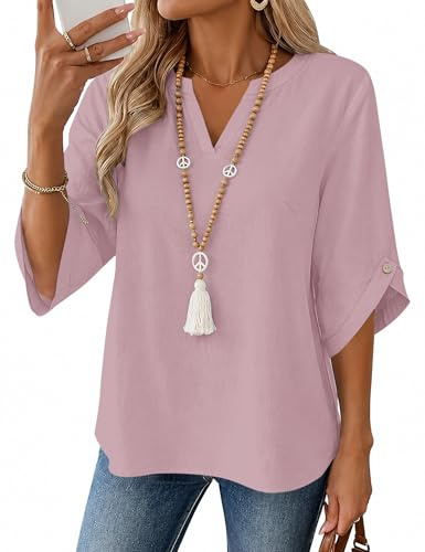 Women Summer Tops 3/4 Sleeve Cotton Linen Elegant Blouses Tunic V Neck