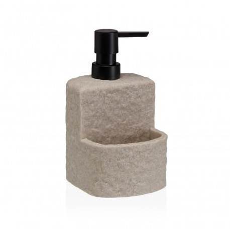 Tvåldispenser kök med svamphållare i harts med marmoreffekt – diskmedel med pump och svamp, modern design för handfat och badrum (beige steneffekt)