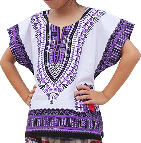 RaanPahMuang Unisex Bright African White Children Dashiki Cotton Shirt, Small, Blue Violet on White