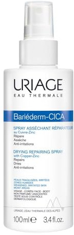 Uriage Bariéderm-CICA Drying Repairing Spray With Cooper-Zinc 100ml - Absorbs Excess Moisture and Dries Out Wet, Oozing Areas - Calms, Purifies & Soothes Skin Folds