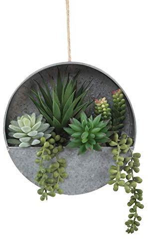 Flora Bunda Modern Artificial Succulent in 8 inch Hanging Galvanized Tin Wall Planter, Boho Wall Decor, Hanging Fake Plants Cactus for Home, Office