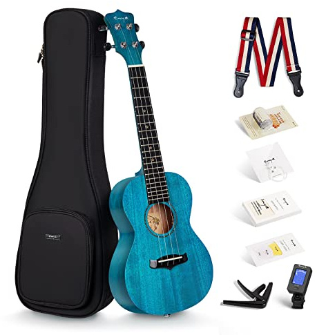 Enya Concert Ukulele EUC-25D 23 Inch Solid Mahogany Top - Beginner Kit with Case, Tuner, Strap, Strings, Capo, Sand Shaker, Pick, Polish Cloth - Professional Sound for Beginners & Adults (Blue Color)