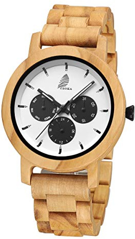 CZOKA Montre en Bois pour Hommes et Femmes, 100% Naturel Artisanal Noix Noire/Olive Mouvement à Quartz Japonais Montres Bracelet réglable en Bois (Olive3)