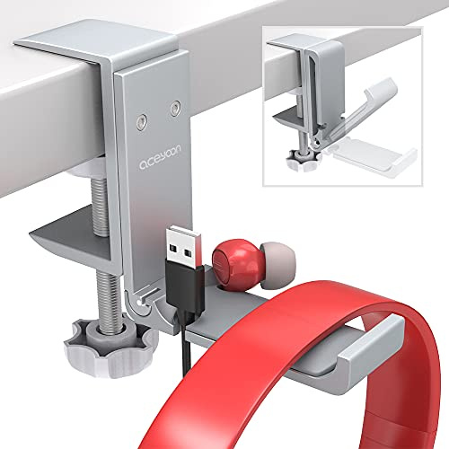 aceyoon Soporte Cascos Plegable, Headphone Stand Universal Soporte Auriculares Protección Silicona Headset Stand Instalación Simple con Organizador de Cable para Cascos Gaming,Auriculares (Plata)