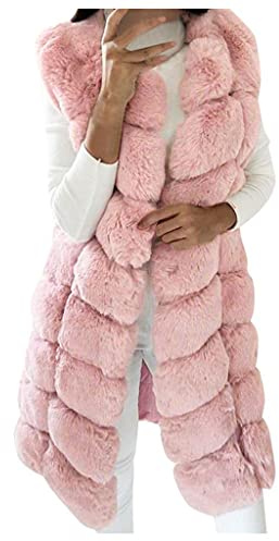 SGSD Chaleco largo de piel sintética para mujer, chaleco acolchado sin mangas, abrigo de pelo para otoño e invierno, elegante y cálido, Rosa., S