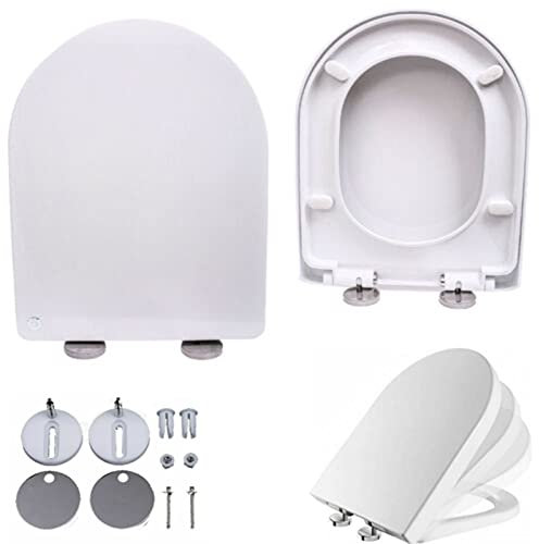 WC Sitz, Premium Toilettendeckel Antibakteriell Klodeckel mit Absenkautomatik & Quick-Release-Funktion, Abnehmbar Toilettensitz aus Duroplast mit Edelstahl-Befestigung, WC Brille D Form WC Deckel weiß