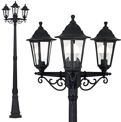 CGC Lighting Black Outdoor Three Traditional Tall Post Lantern Vintage Triple Head Light Garden Patio Lamp Weatherproof Corrosion Resistant Outside Door Rust Proof Coastal Exterior Victorian