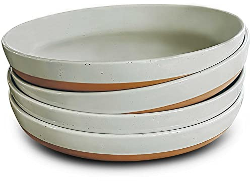 Mora Ceramic Flat Pasta Bowl Set of 4-35oz, Microwave Safe Plate with High Edge - Modern Porcelain Dinnerware for Kitchen and Eating, Large Wide Bowls/Plates for Serving Dinner, Salad, etc- Grey