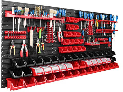 Lagersystem Werkstattregal | 172 x 78 cm | 62 stck. Box | Wandregal mit Werkzeughalterungen und Stapelboxen - Wandplatten Extra Starke Schüttenregal Warkzeuglochwand Lagerregal Garage Regal