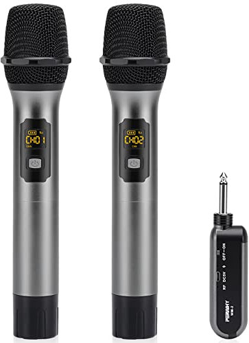 PERWHY Wireless Microphone System, Cordless Dual Handheld Dynamic Mic Set with Rechargeable Receiver, for Karaoke Party, Voice Amplifier, PA System, Singing Machine, Church, Wedding, Meeting, 200ft