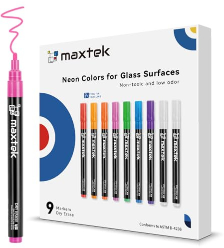 maxtek Neon Dry Erase Markers Fine Tip,Liquid Chalk Markers for Chalkboard,LED Note Board,Acrylic,First Day of School Board,Glass,Windows,1mm Fine Point,Assorted Colors,9 Count