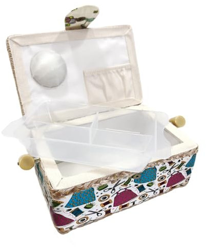 Piccola borsa da cucito in legno vuoto, scatola da cucito foderata in tessuto con 4 scomparti, organizer con spillo, scatola di immagazzinaggio con maniglia, vassoio per accessori, (piccola, fili)