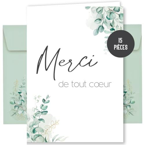 Things of Happiness 15 cartes de remerciement avec enveloppes pour mariage, état civil, anniversaire, bébé, communion, baptême | carte de remerciement | carte pliable DIN A6 (Eucalyptus 15 Pièces)
