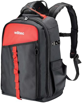 Wiltec Zaino porta attrezzi 33 x 20 x 43 cm, portata 30 kg, borsa porta attrezzi con 16 scomparti, zaino porta utensili imbottito, per elettricista, idraulico, giardiniere,