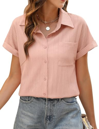 PASUDA Chemise Femme Haut Été Blouse Femme Chic et Élégant Manches Courtes Col en V Chemisier Tunique Tops avec Boutons Haut Décontractés T-Shirts D'été Ample Couleur Unie