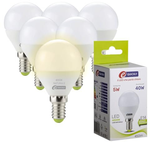 E-QUICKLY lampadine led e14-5w equivalenti a 40w, led luce naturale 4000k, lampadine sfera, e14 lampadina attacco piccolo. 450 lumen a basso consumo, lampadina led e14 a risparmio energetico, 6PZ