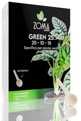ZOMA Concime piante verdi in polvere 25 10 15 Npk 250g, Fertilizzante piante verdi professionale con ferro chelato Calcio e Magnesio, rende foglie più verdi e radici più vigorose.