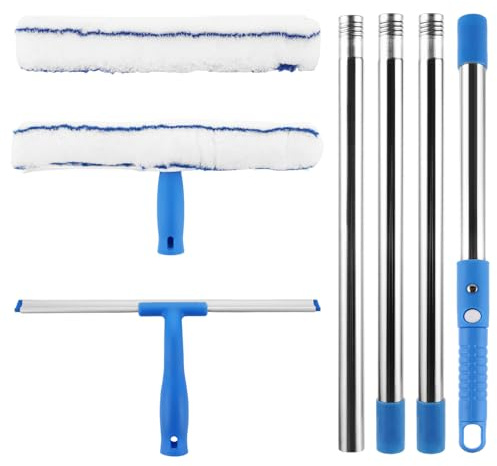 LOLYSIC Fönsterrengöringsset, 160 cm fönsterrengörare med teleskophandtag, med silikonskrapa och mikrofiberskrubb, professionell fönstertorkare för badrum, duschar, glas, spegel och bilfönster