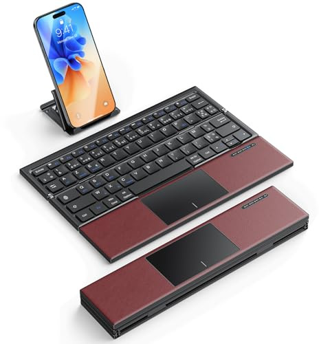 Tastiera senza fili pieghevole con touchpad, tastiera per iPad AZERTY Bluetooth multi-dispositivo (3 canali), mini tastiera silenziosa per iPhone, iOS, Surface,Windows, Tablet, Android – Bordeaux