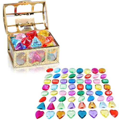 HXSYKJDM Pirate Treasure Chest Pool Toys - Sinking Diamond Search Game with 100 Gemstones & Lockable Box, Underwater Sensory Play for Kids, Beach, Bath Time Fun