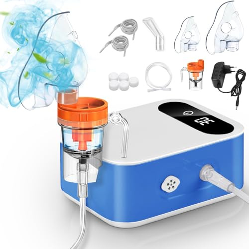 Aerosol Silenzioso per Bambini Adulti,Aerosol Portatile a Microcompressore con Display Digitale, Nebulizzatore Inalatore Ultrasuoni Macchina Aerosol con Boccaglio e Maschera