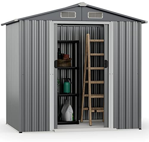 COSTWAY Caseta Jardin Exterior, 2.34 ㎡Cobertizo Metálico de Almacenamiento con 4 Ventilaciones, Puertas, Rampa, Guantes, Galvanizada, Resistente a Viento y Lluvia, 196x142x184 cm, sin Base, Gris