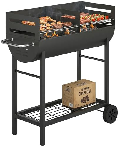 Outsunny Barbecue a carbonella con 2 zone di barbecue, griglia regolabile in altezza, con manico laterale, per terrazza, picnic, feste, 103 x 46,5 x 100 cm, colore nero