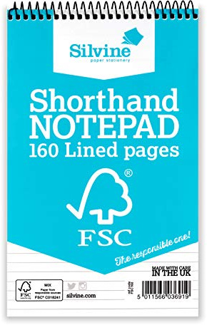 Silvine 8x5 Everyday FSC Shorthand Notebook - Ruled 8mm Feint, 160 Pages of FSC Certified Paper. Ref FSC160