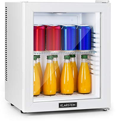 KLARSTEIN Brooklyn Mini Frigo de Chambre, Mini Bar, Refrigerateur Aliments, Boissons, Porte en Verre, Etagères Réglables, Petit Frigo Camping, Voiture, Mini Frigo Cosmetique, Silencieux, 12-18°C, 23L