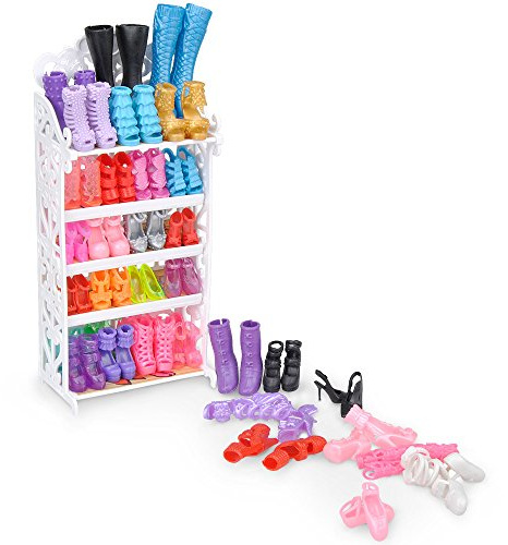 E-TING 1 Doll Shoes Rack Shoes Shelf Cupboard Accessory with 20 Pairs Doll Shoes High Heel Shoes Boots Sandals Set for 11.5 inch Doll Playset Accessories