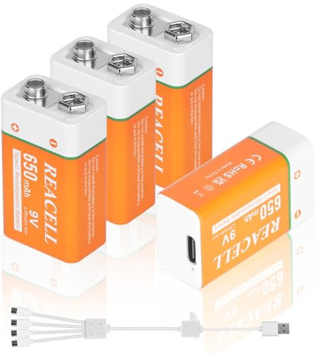 REACELL 9V Recargables Batería, 650mAh 9V Lithium bateria con Cable de Carga USB-C 4 en 1, Compatible para Detectores de Humo, Micrófonos, Walkie-talkies y más (4 Piezas)