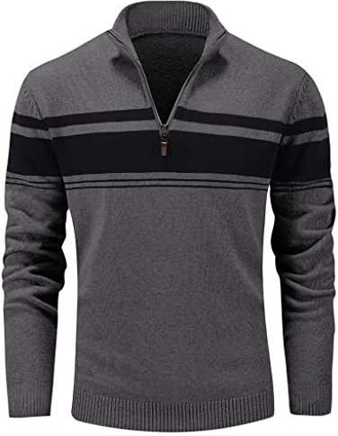 MAGCOMSEN Herren Zip Neck Sweater Longsleeve Gestreift Pullover Lässige Stehkragen Sweatshirt Männer Viertelreißverschluss Winter Fleecepullover Casual Freizeitshirt Dunkelgrau-Schwarz M