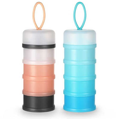 Vicloon Milk Powder Dispenser, 2PCS Portable 4 Layers 120ml per Layer Translucent Compartments, Storage Container Stackable Pots, Snack Storage Container, Gray & Pink + Blue